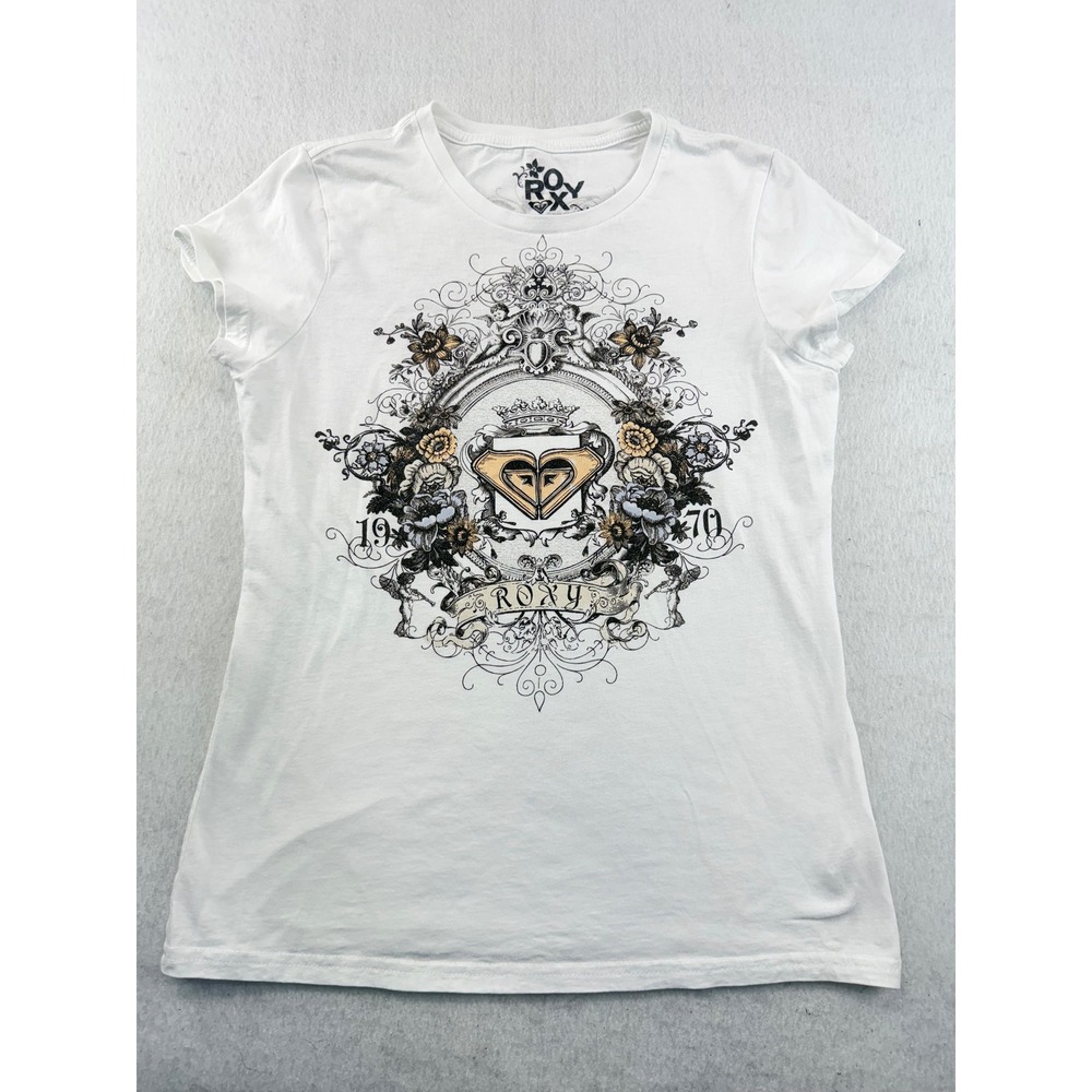 Roxy Womens White Graphic T-Shirt XL Cherub Crest Logo Short Sleeve Cotton USA